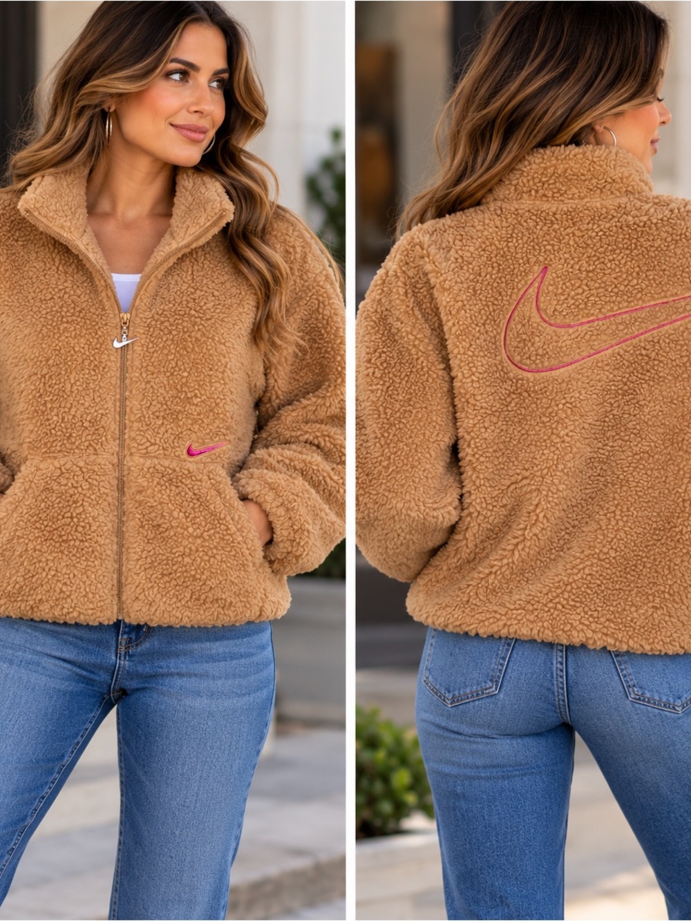 Nike Women's Tan Sherpa Zip-Up Jacket size small oversized